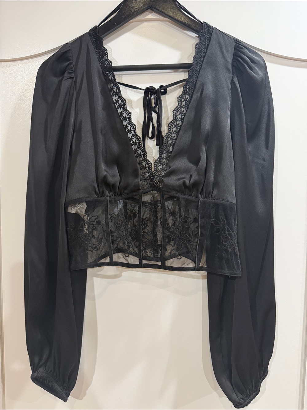 Zara Black Lace-Trim V-Neck Sheer Panel Crop Blouse